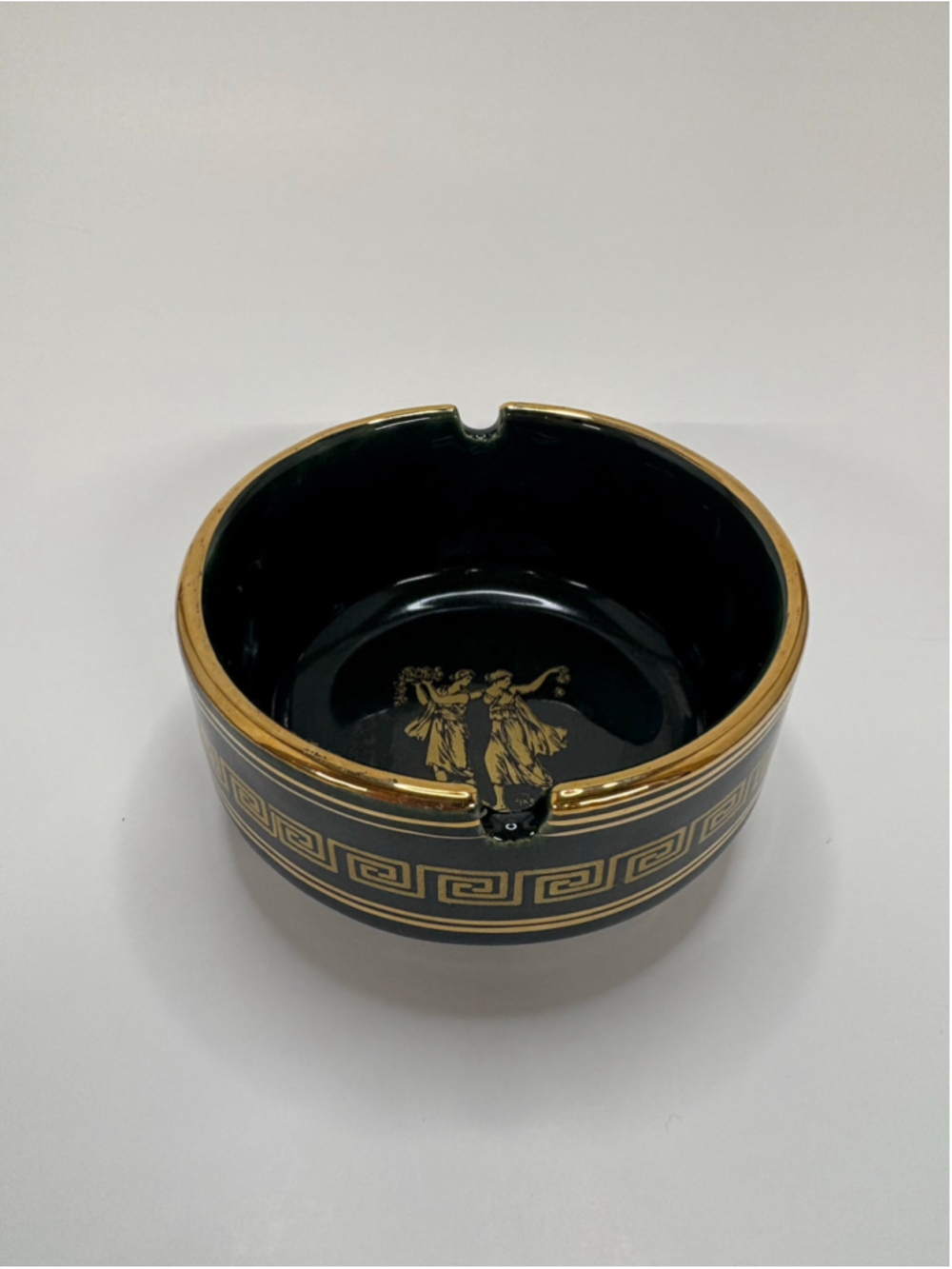 Dakas Keramik 24k Gold Greek Key Ashtray Green and Gold